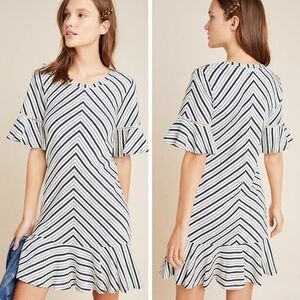 Anthropologie Maeve Black White Galena Flounced Tunic Striped Mini Dress XS